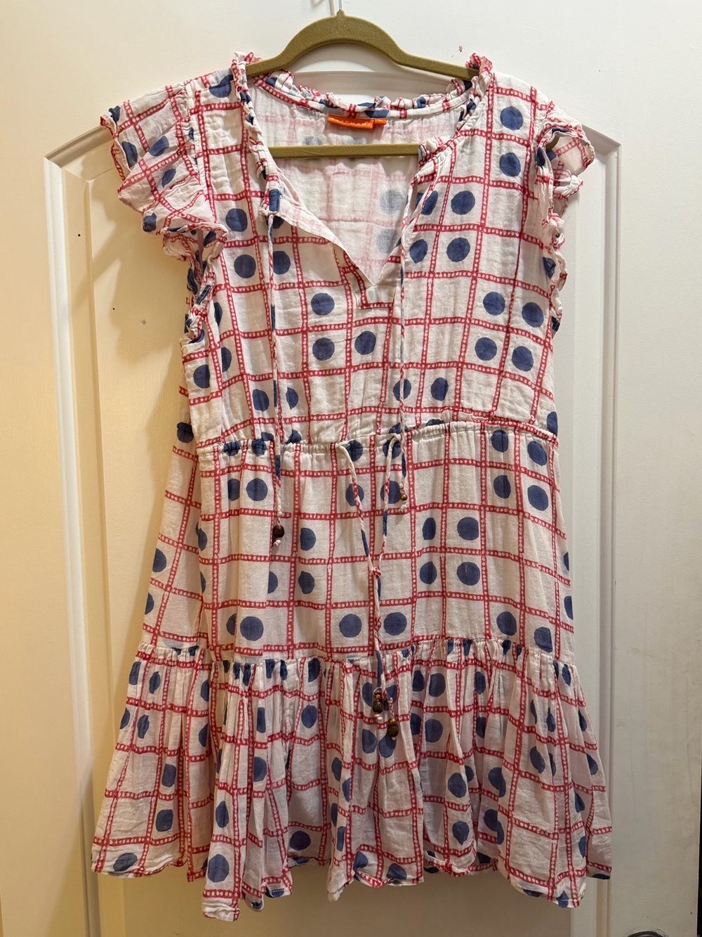 Oliphant White Dress With Blue Dot & Red Grid Print